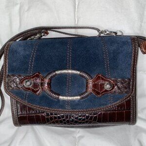 Vintage Brighton Blue Suede/Denim and Brown Leather Wallet Crossbody Purse